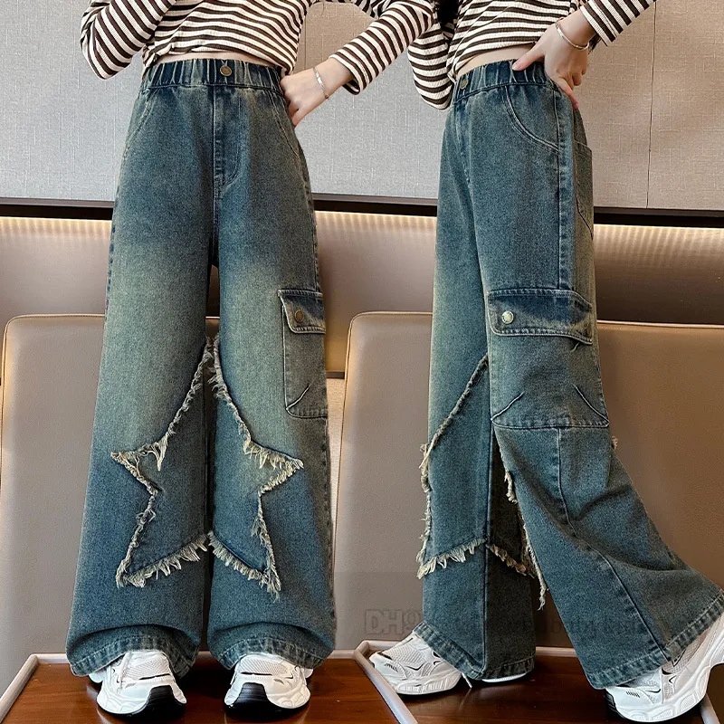 Mode Große Mädchen Loch Jeans Alte Kinder PU Leder Gürtel Breite bein Denim 2024 Frühling Teenager Gerade Cowboys Hosen z6903