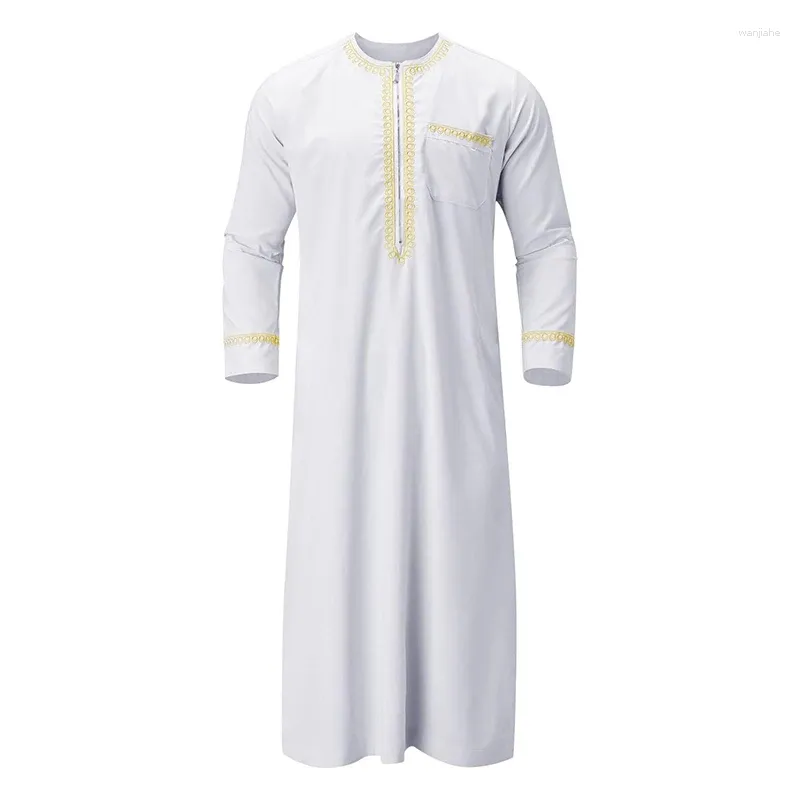 エスニック服ドゥホー男子イスラム教徒中東アラブローブラウンドネックカフタンゴールド刺繍長いスリーブルーズジュバトベ