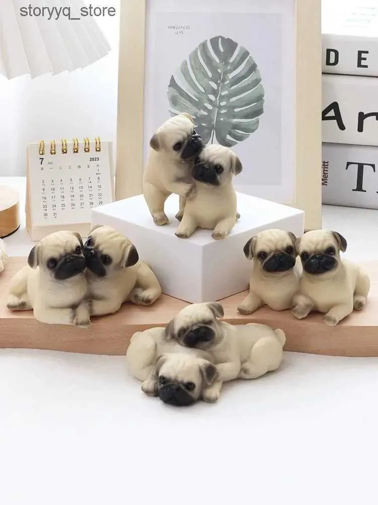 Outra decoração de casa dois enfeites de pugs fofos decoração de casa imitação de cachorro pug estátua de resina escritório desktop jardinagem decoração presente de aniversário infantil q240229