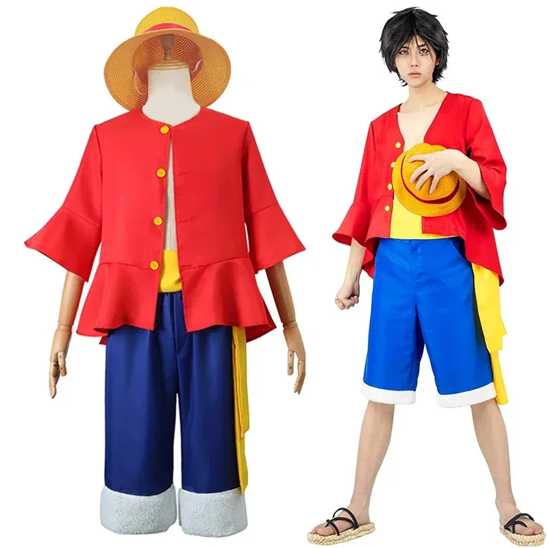 Hats Anime Luffy Cosplay Kostüm Strohhut Rote Jacke Halloween Karnevalsparty Kostüme für Männer Frauen Erwachsene Kinder
