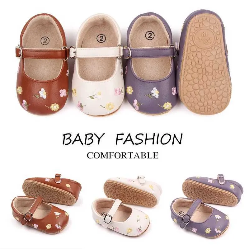 Zapatillas de zapatillas para bebés Mary Jane PU PU PU COOLLE DRESS SAPOS BORDEROS FLORALES PRINCESA Zapatos H240508