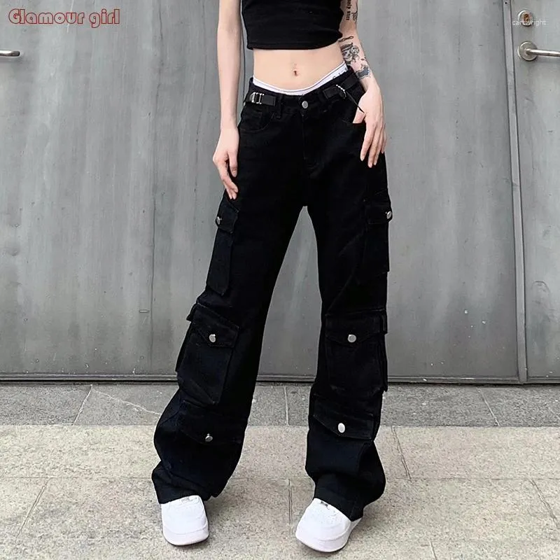 Pantaloni da donna Hip-hop americano retrò multitasche abbigliamento da lavoro a vita alta per strada estiva gamba dritta ampia e dimagrante