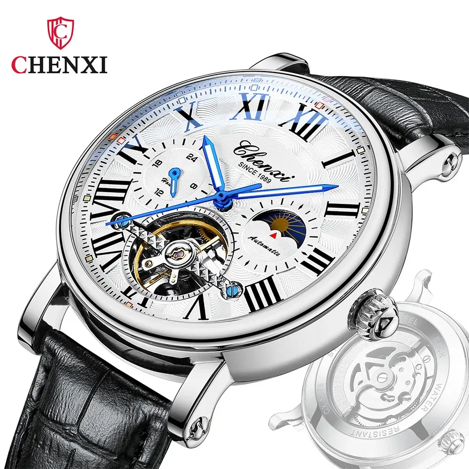 Watches Business Casual Style Mens Automatic Mechanical Watches Birthday Present For Lover Male Simple Moon Fase Wristwatch Leather Strap