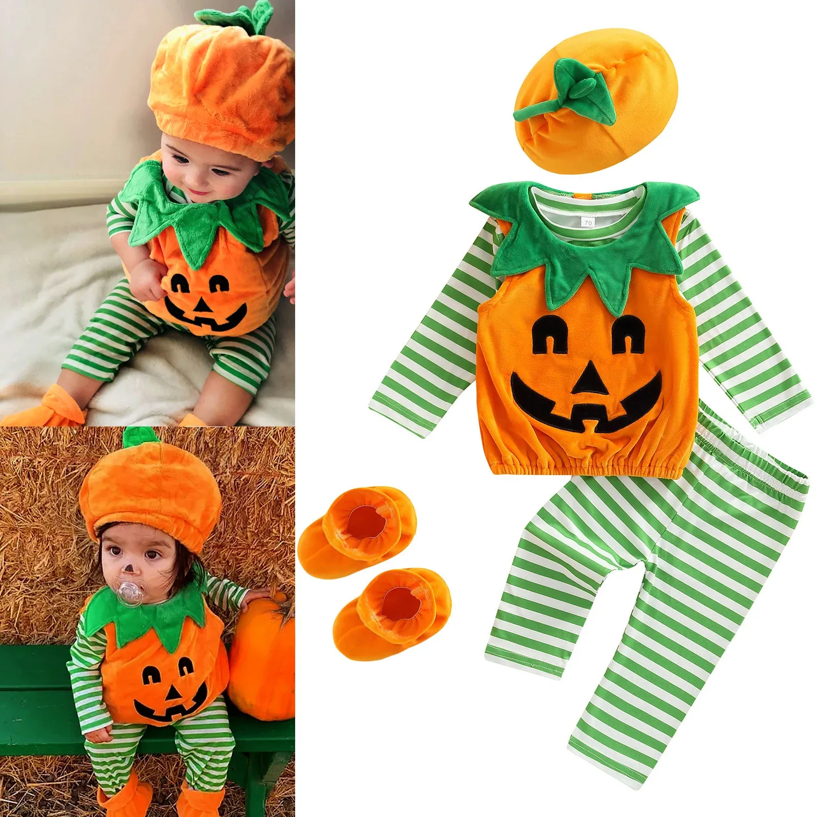 Set di abiti da bidone del bambino per neonaio a maniche lunghe con top sciolti di zucca di Halloween + pantaloni casual autunnali + cappello + scarpe
