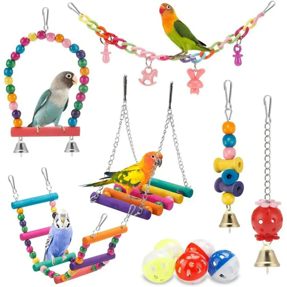 Juguetes 11 Uds. Juego de juguetes para loros, accesorios para jaulas de pájaros, columpios para escaleras de pájaros, anillos colgantes, Bola de rompecabezas de plástico, juego de juguetes para pájaros, suministros para pájaros