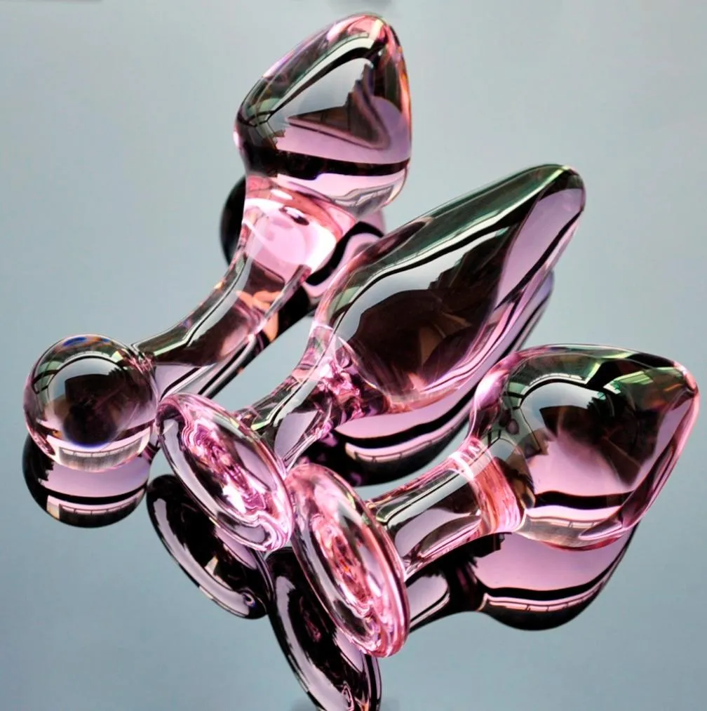 Plugues de bunda de cristal rosa Conjunto de pirex vidro anal vibrador bola bola de bola falsa pênis feminino masturbação kit de brinquedo sexual para homens adultos gay c19423144