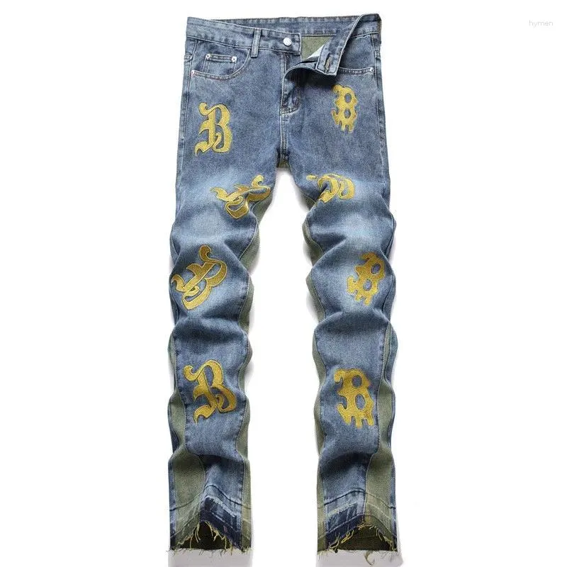 Mens Jeans Classic Blue Green Green Patchwork Letra Bordado Baggy Men calça bootcut streetwear stard start solto de jeans vintage calças