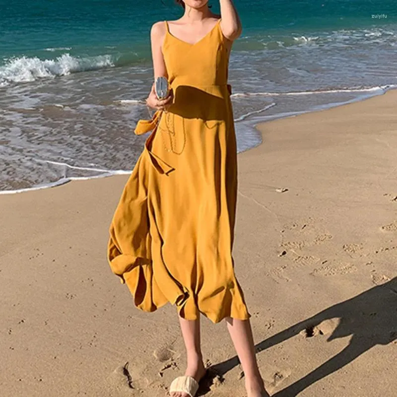 Vestidos casuais verão praia boêmio vestido amarelo para mulheres roupas de férias cintura alta a linha cor sólida elegante festa fada