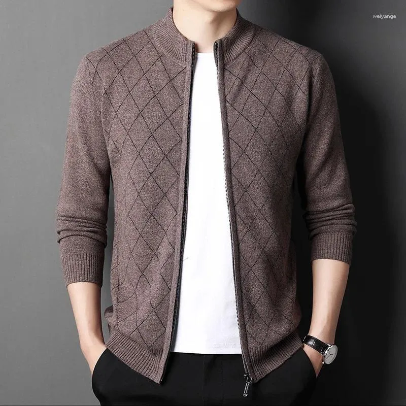 Men's Sweaters Pure Winter Wool Sweater Diamond 200% Jacquard Cardigan Middle-aged And Young People Thickened Coat