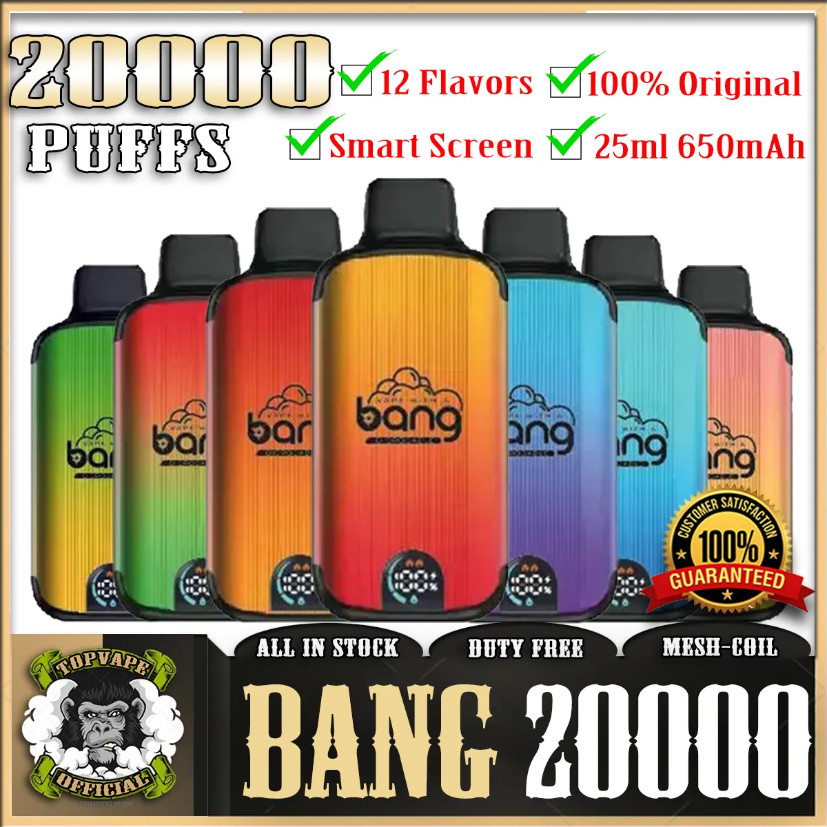 Original Bang 20000 20K Puff 20000 20K rechargeable jetable écran intelligent Vape stylo E cigarette avec batterie 650mAh 25ml prérempli BANG BOX 18000 18K