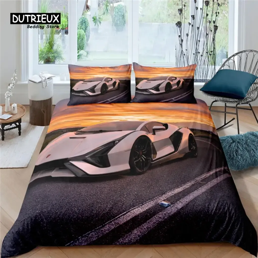 Set Home Living Luxury 3D Racing Car Bedding Set Comfortable Duvet Cover Set Kids Bedding Set Queen and King EU/US/AU/UK Size Sheer Curtains