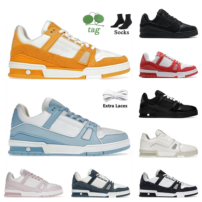 Topp mode låg designer casual skor denim blommor märke orange blå vit svart rosa skum v tränare kalv läder kvinnor herr plattform loafers sport sneakers