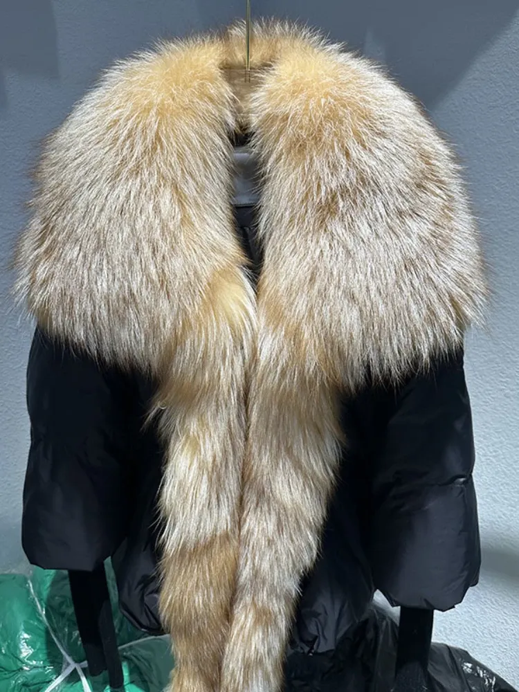 Fur OFTBUY 2023 Winter Women Coat Duck Down Jacket Super Large Real Silver Fox Fur Collar with Knit Sleeve Fashion Luxury Outerwear