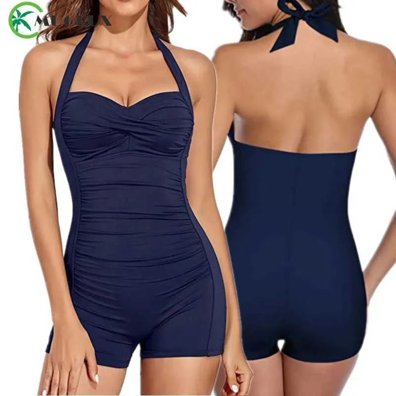 Swim Wear Halter Womens One Piece Tummy Control Swimwear 2023 Ny Push Up Boyleg Ruched Swimsuit Solid Retro Beachwear Bathing Suit XL 240229