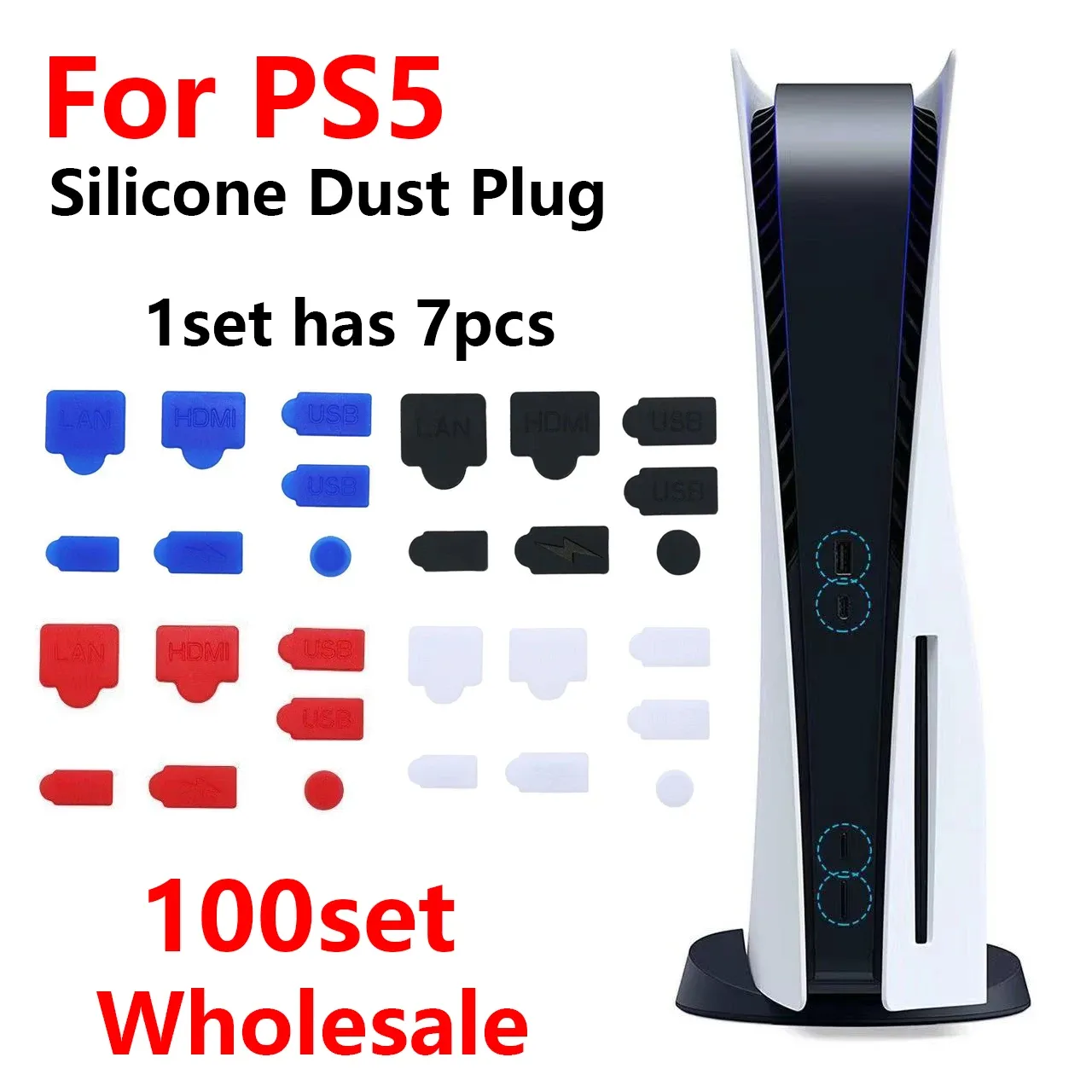 Stylus 100set（700pcs）PS5アクセサリー用のシリコンダストプラグUSB HDMインターフェイスアンチダストカバーPS5ゲームコンソール用ダストプルーフプラグ