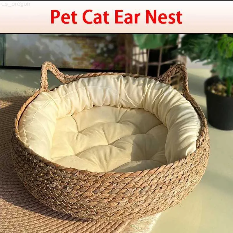 Cat Beds Furniture Four Seasons Cat Bed Woven Removable Upholstery Sleeping House Cat Scratch Floor Rattan Washable Cats Pet Products Accessories