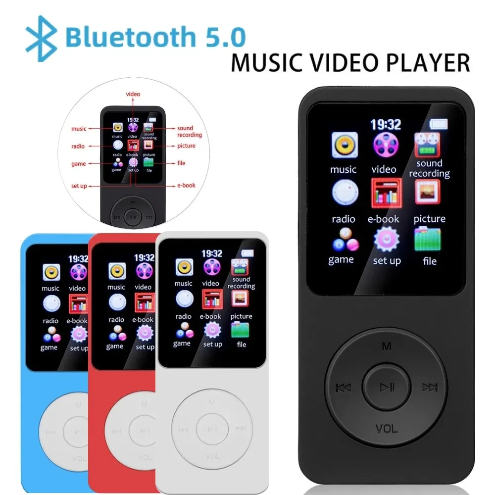 Player MP3 Player BluetoothCompatible 5.0 MP3 Walkman Hifi Sound Support 128G TF -kort med video/röstinspelare/FM -radio/e -bok