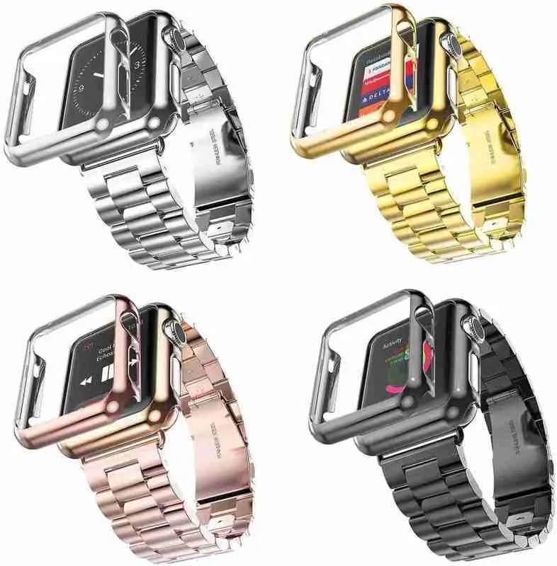 Cinturino di design 2 in 1 in acciaio inossidabile Matal con custodia per Apple Watch Ultra 49mm 41mm 45mm 38mm 42mm 40mm 44mm Cover di lusso con placcatura dorata iWatch 8 7 6 5 4 3 cinturini Bracciale