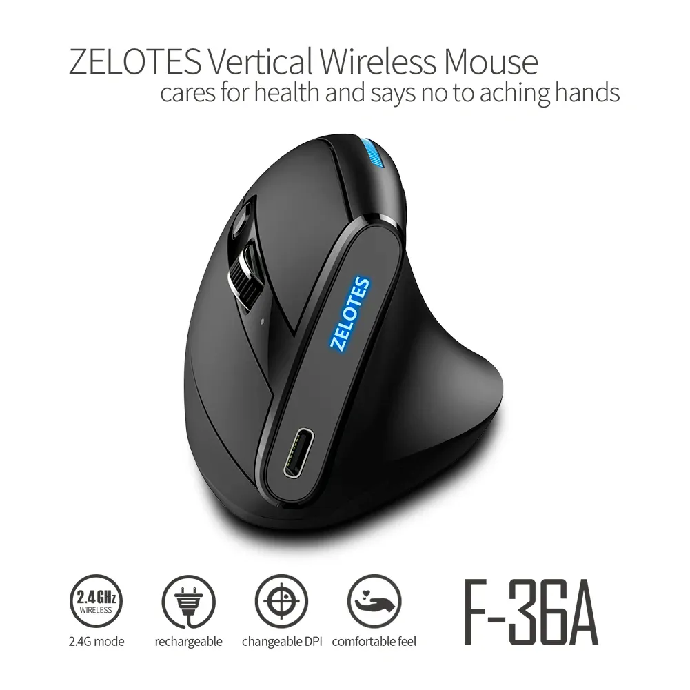 MICE Zelotes F36A 2.4G Ergonomische verticale muis 6 knoppen Draadloze oplaadbare muizen 2400 DPI Verstelbare computeraccessoires