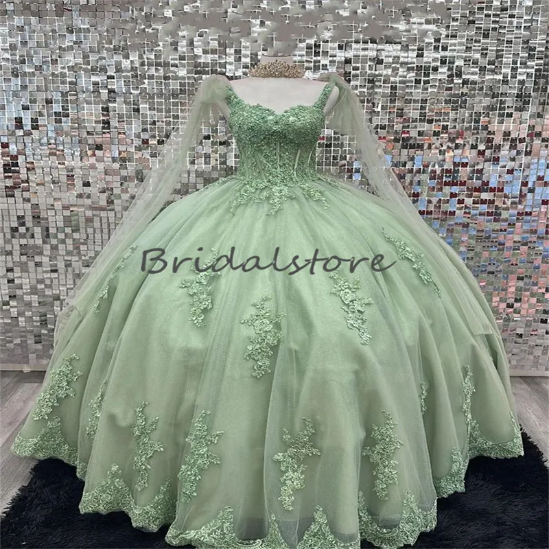 Fantasy Royal Blue Quinceanera Dresses With Cape Straps Princess Sage Green Lace Vestidos De 15 Quinceanera 2024 vestidos de xv Para Prom Party Pageant Birthday Gown