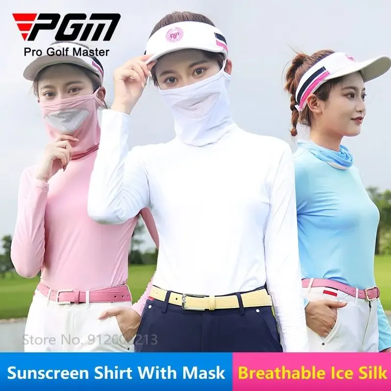 Camisas PGM Verão Protetor Solar Camisa para Mulheres Respirável Golf Camisetas Refrigeração Ice Silk Tops com Máscara Feminina Manga Longa Roupas AntiUV