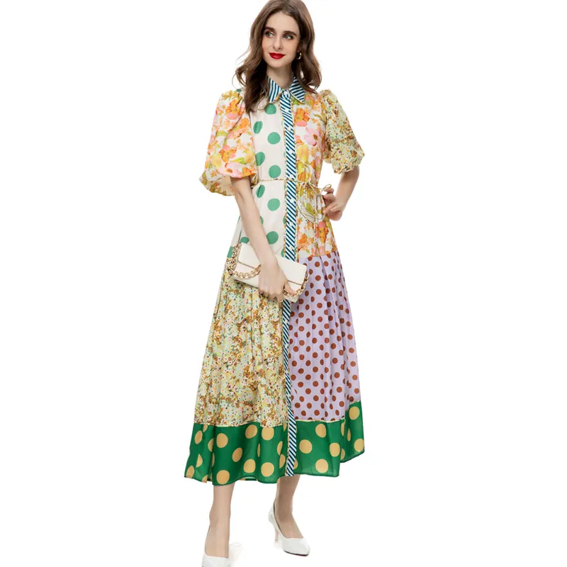 Women's Runway Dresses Turn Down Collar Half Lantern Sleeves Printed Single Breasted Elegant Designer Vestidos