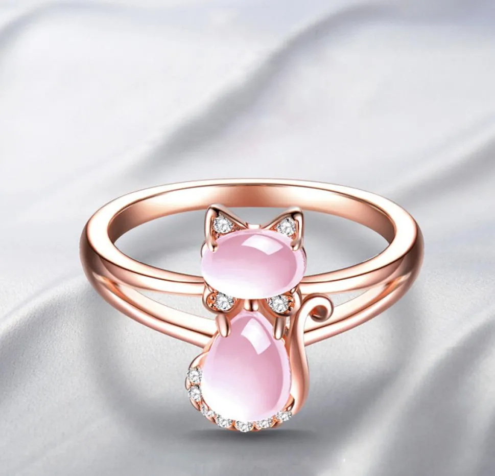 Söt Animal Rose Gold Color Cat Ring for Women Girls Pink Crystal Stone Kitten Finger Ring Open Justerbara smycken Gift Anillos6663517