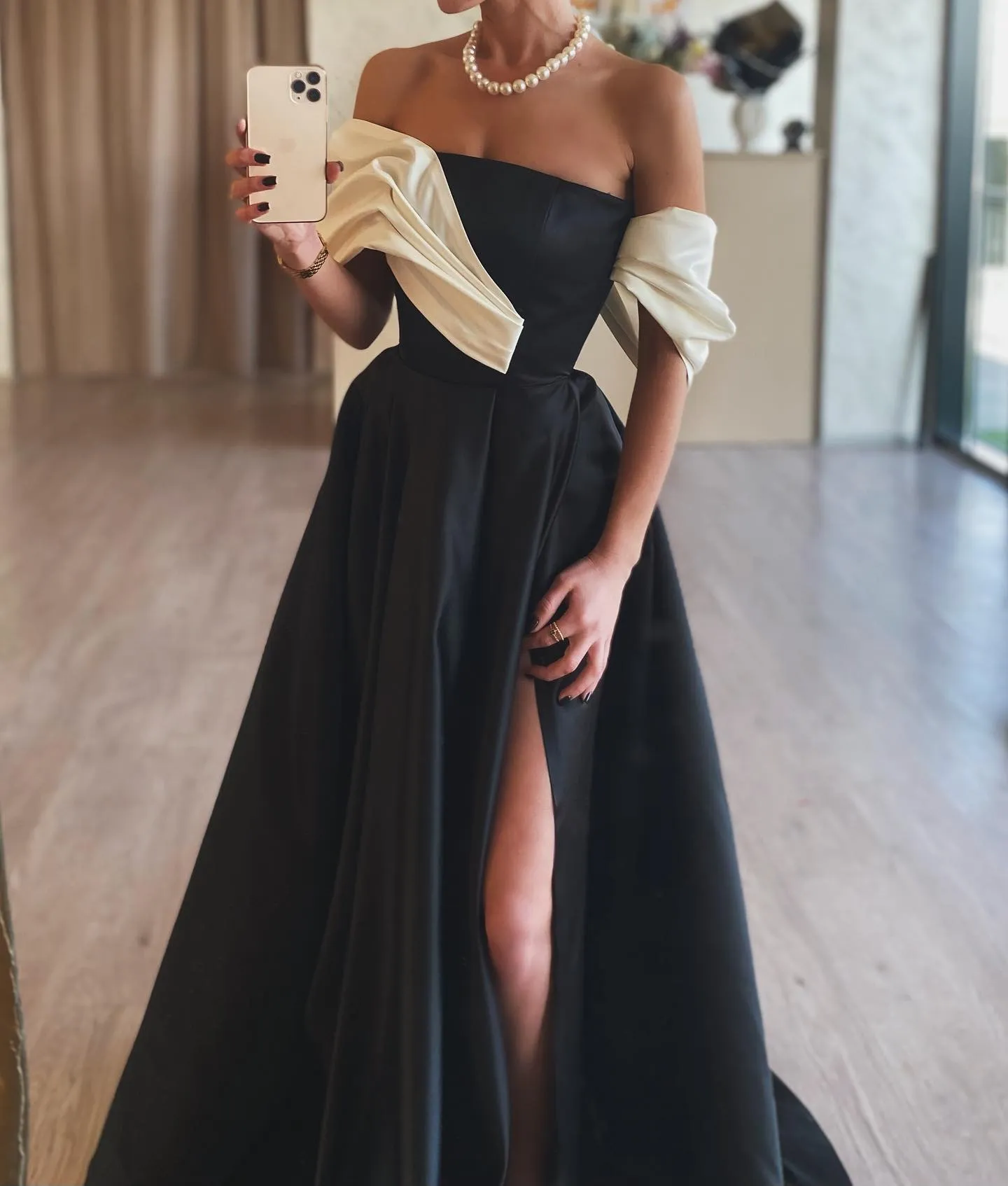 blue dress for baby girl Weslyn Black Satin Lace High Slit Dress main image 1