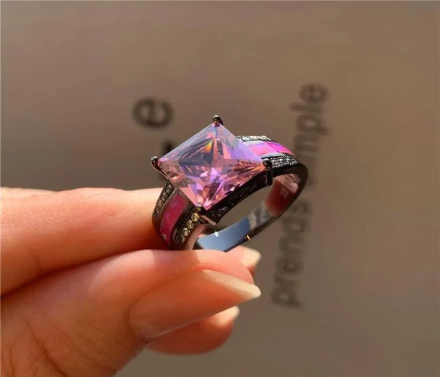 Bröllopsringar vintage kvinnlig rosa fyrkantig kristallstenring charm 14kt svart guld för kvinnor lyx brud opal engagemang4046182