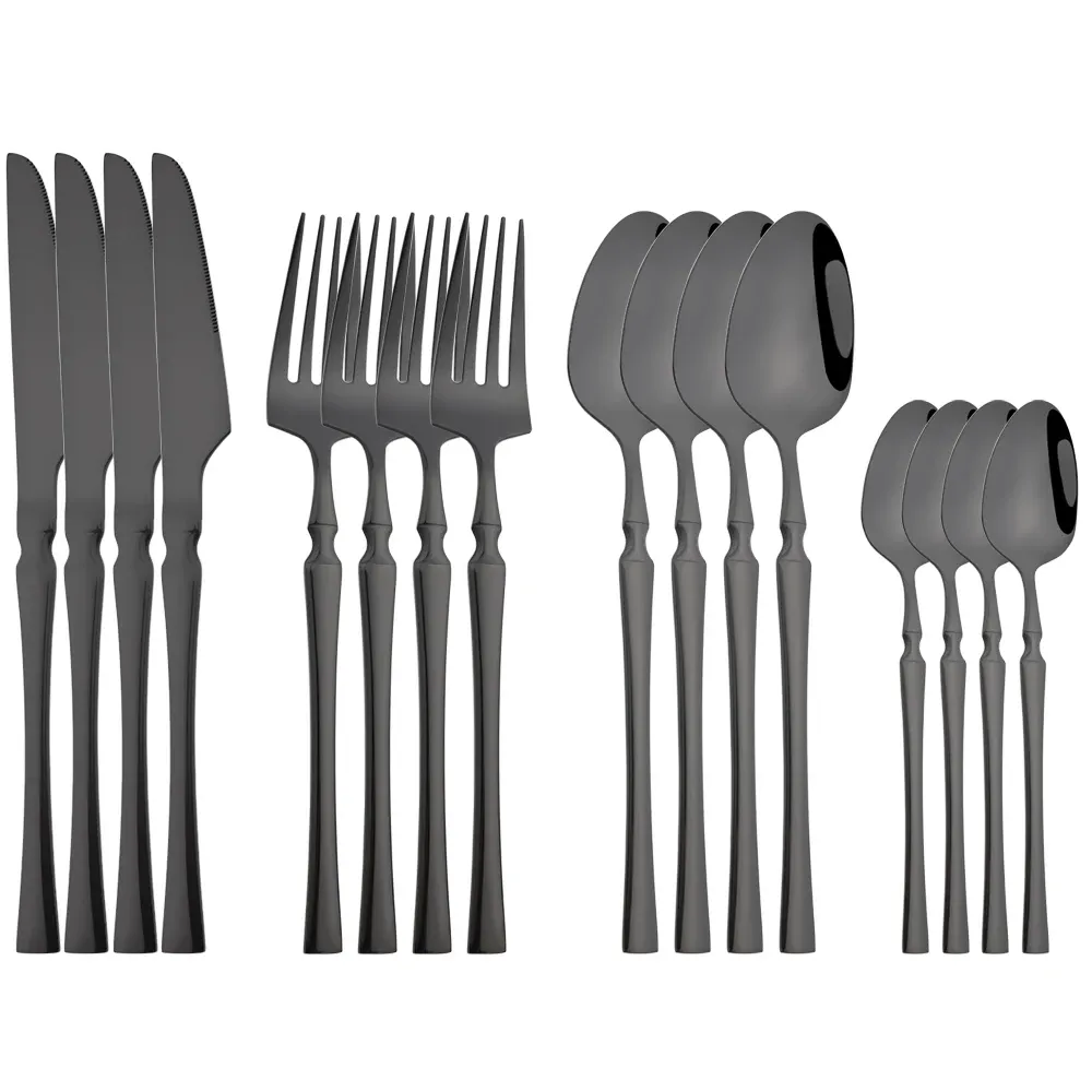 Uppsättningar 16st Black Dinner Bevis Set Knife Fork Coffee Spoon Cutlery Set rostfritt stål Flatvaror Western Table Kök Silverware