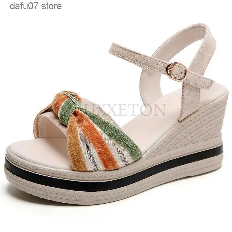 Sandali da donna con zeppa estiva con zeppa alla moda, punta aperta, scarpe casual con fiocco, nuovo nero, leggero, da spiaggia H24229