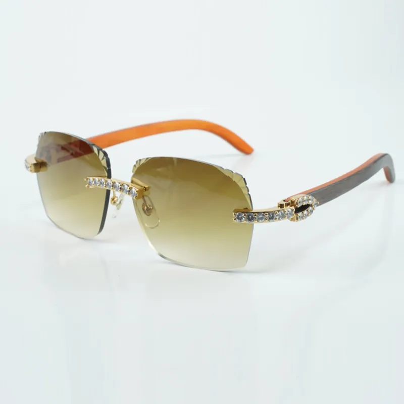 Factory best-selling exquisite style 3524018 micro cut XL diamond lens sunglasses natural orange wood legs glasses size 18-135 mm