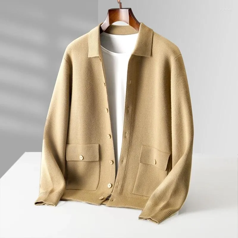 Мужские свитера, роскошный шерстяной вязаный кардиган с воротником поло, толстый теплый модный свитер, пальто осенью и зимой.