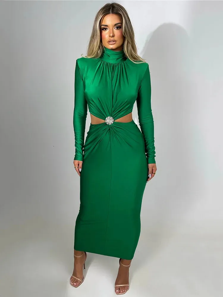 Mozision Elegant Hollow Out Sexy Maxi Dress for Autumn Winter Turtleneck Leng Sleeve Bodycon Club Party Evening 240219