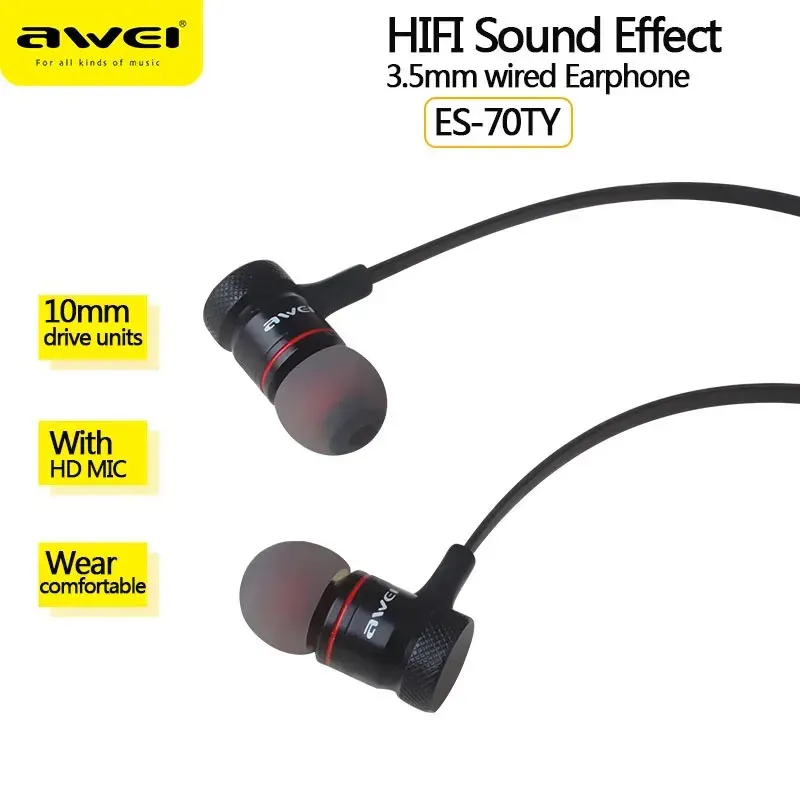 Earphones Awei ES70TY Wired Earphones 3.5mm With Mic HiFi Stereo Sports Headset Game Music Headphones For iphone Samsung In Ear Earbuds