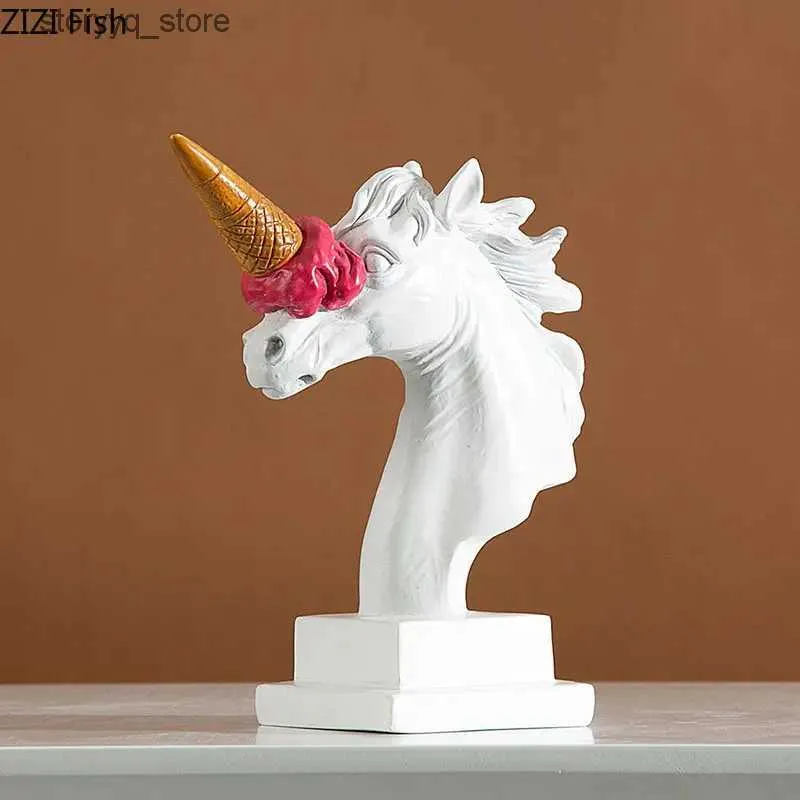 Outra decoração para casa Resina Artesanato Unicórnio Sorvete Cavalo Engraçado Escultura Animal Artificial Estatuetas Decorativas Acessórios de Decoração para Casa Q240229