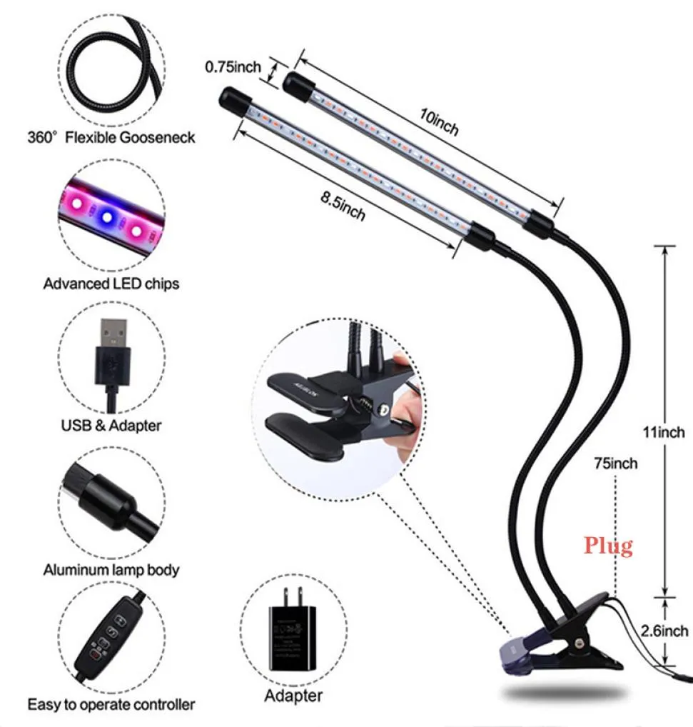 927W USB調光タイミングLED Grow Lights Three Heads Botany Lamps Desktop Double and One Head Plant Lamp Clip屋内野菜Gro2811810