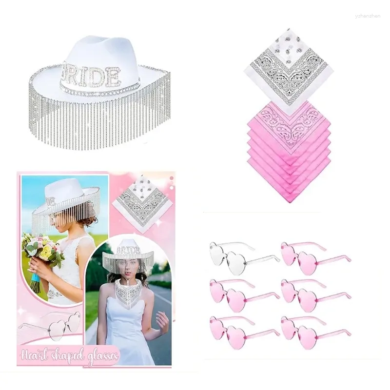 Conjunto de chapéus de vaqueira de despedida de solteira inclui óculos de sol de coração de noiva e bandanas adereços de festa de noiva
