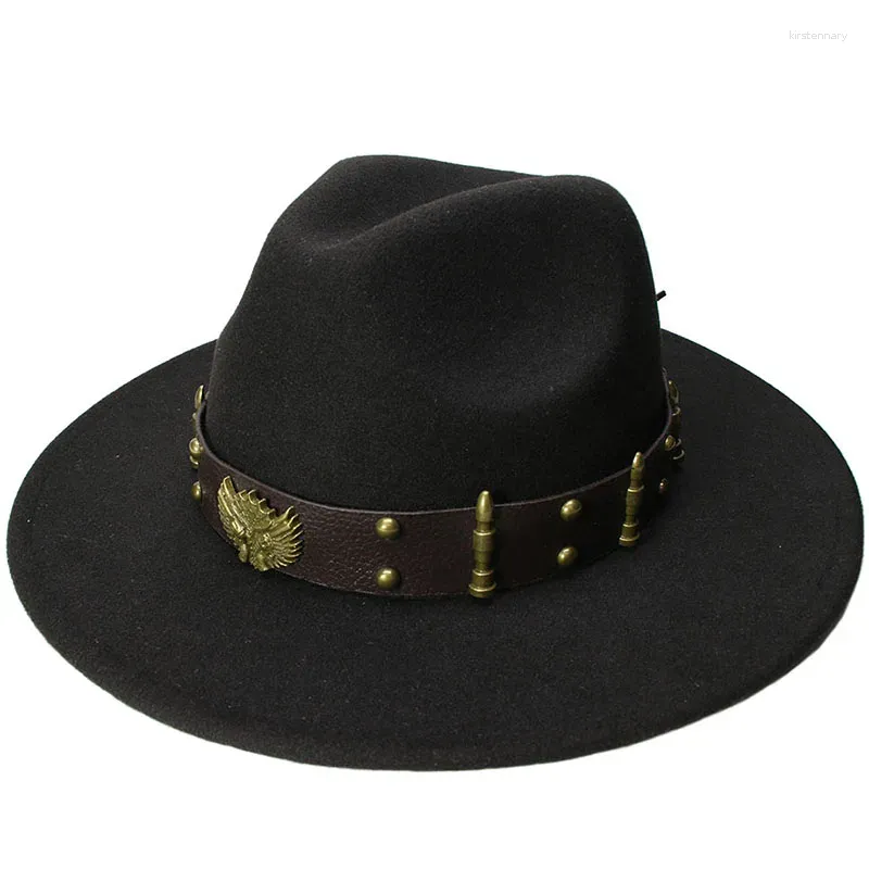 Bérets Lucky ylianji rétro enfant enfant vintage laine large bord casquette Fedora Panama Jazz melon chapeau deux pistolets bande de cuir (54 cm/ajusté)