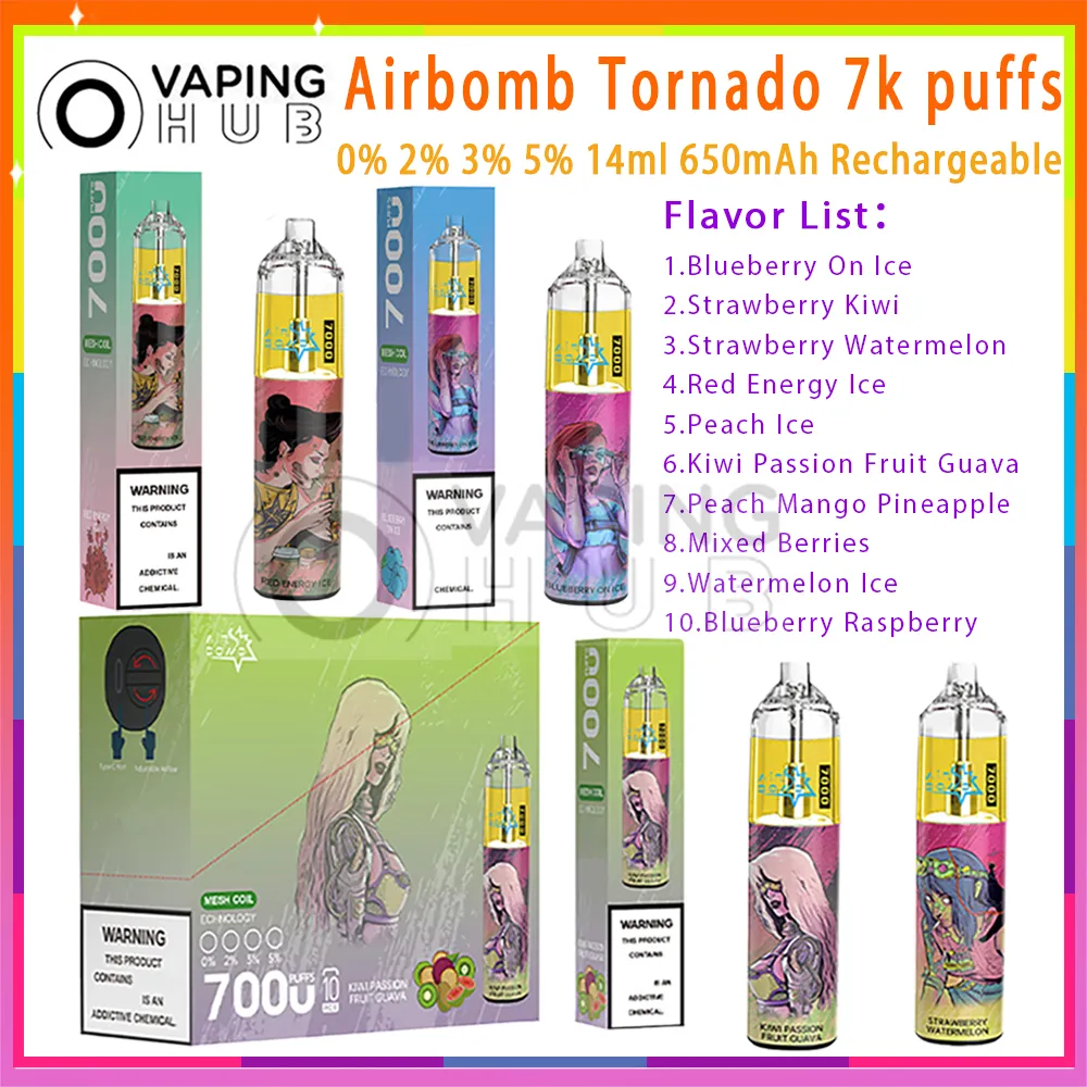 Authentic Airbomb Tornado 7000 Puff E Cigarettes 14ml Prefilled Pod 650mAh Battery 0% 2% 3% 5% 7K Puffs Vapes Kit