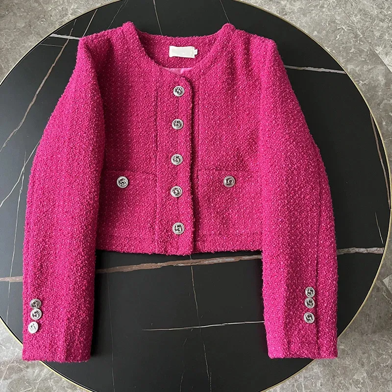Högkvalitativ fransk chic tweed -vävd rosa kvinnor jacka korta rockar hösten västerländsk mode casual woman kläder 240226