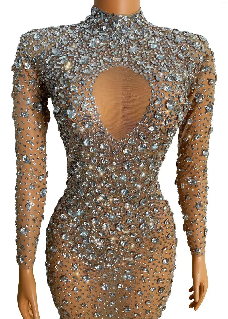 Birthday Wear Evening Celebrate Mesh Stretch Dance Dress Women Sexy Flashing Silver Crystals Rhinsones trasparente lungo