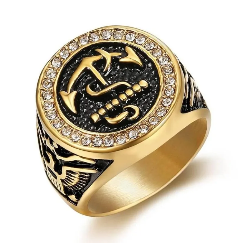 Cluster Rings Gold Color Titanium Zircon Diamonds Gemsten Ankare för män rostfritt stål maskulint coolt fingerband tillbehör JE290P