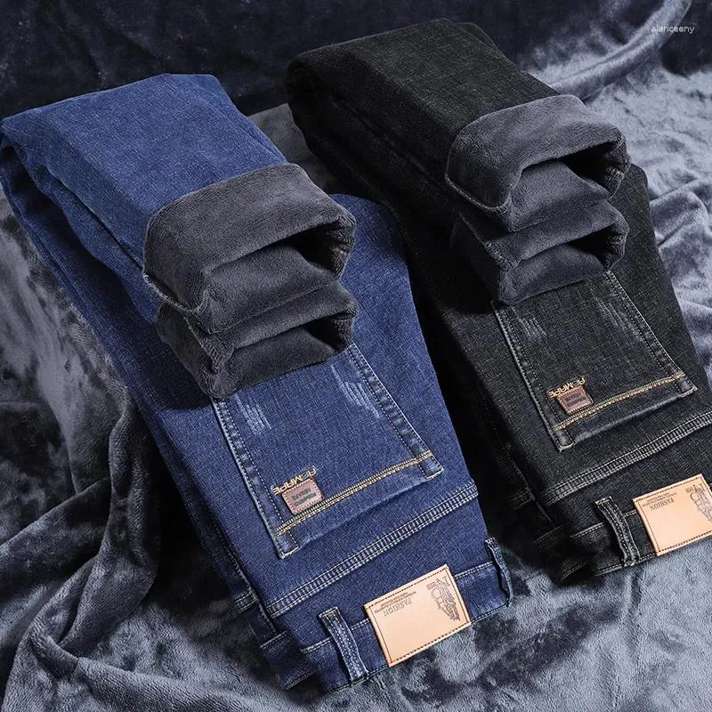 Heren jeans winter fleece rechtstreeks voor zakelijk merk verdikte comfortabele veet baggy casual denim broek mannelijk