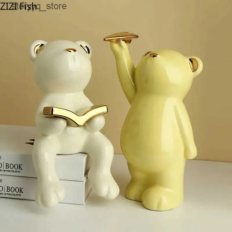 Altro Decorazioni per la casa Statua in ceramica Lettura Orso Cartone animato Orso Ornamenti Porcellana Artigianato simulato animale Figurine decorative per camera dei bambini Q240229