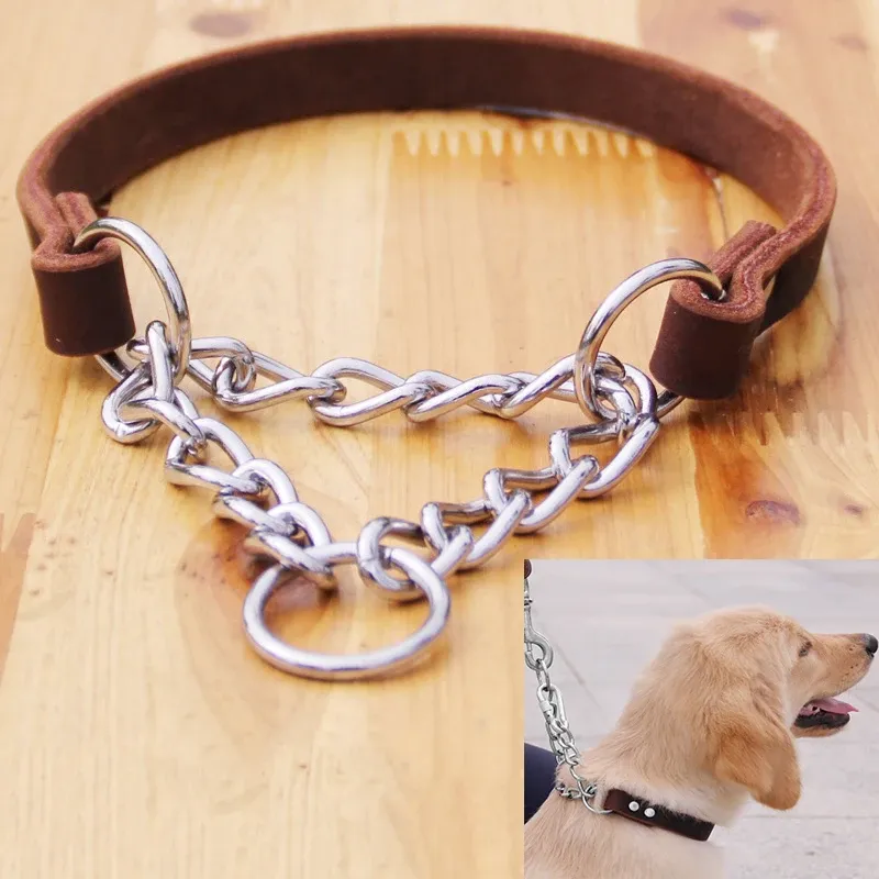 Halsbanden Echt lederen halsband P-ketting Slip halsbanden voor huisdieren Echt lederen trainingshalsband van roestvrij staal voor kleine, middelgrote en grote honden