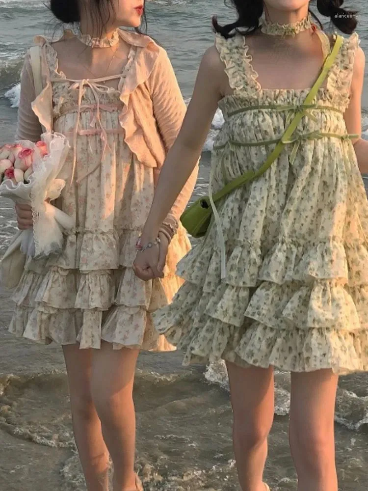 Work Dresses Japanese Print Kawaii Two Piece Set Women Beach Party Bow Sweet Mini Dress Suit Female Korean Ruched Fairy Summer 2024