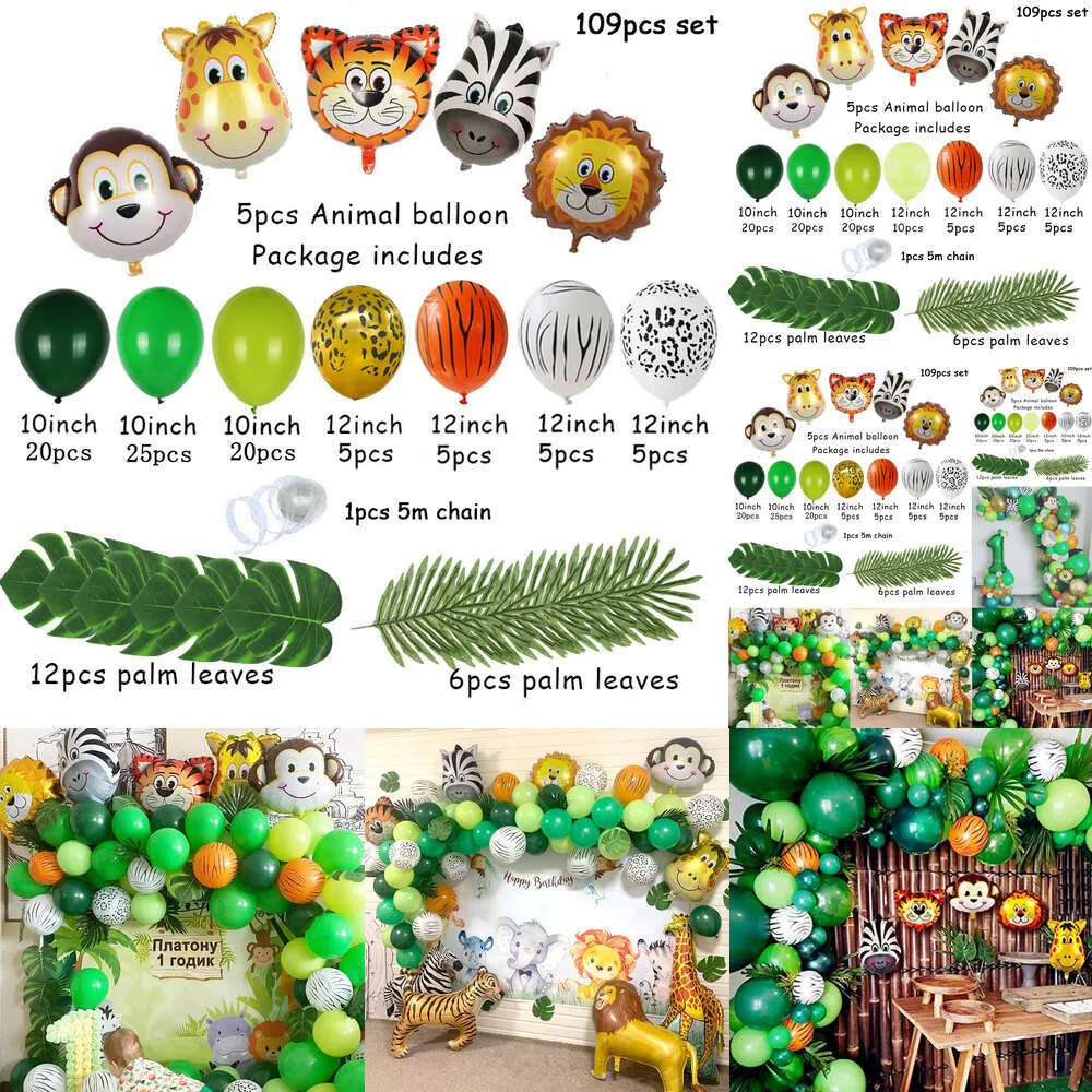 Nya nya 109 st palm blad Animal Balloons Garland Arch Kit Jungle Safari levererar gynnar barn födelsedagsfest baby shower pojke dekor