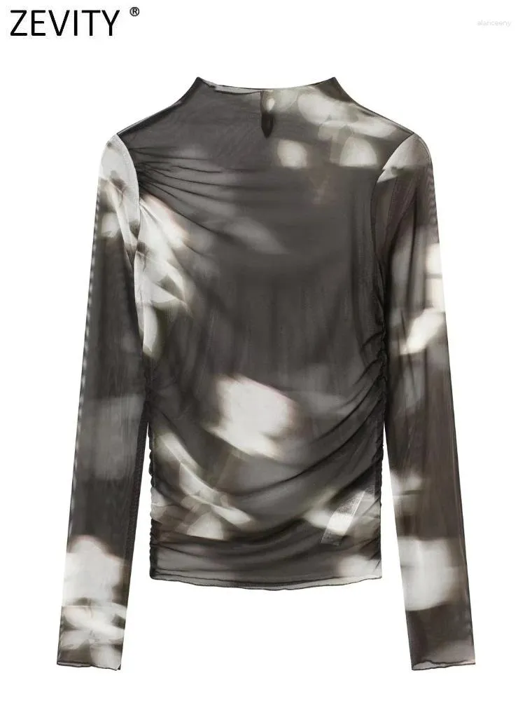 Bluzki damskie Zevity Fashion Transparent Floral Print Mesh Przęka Smock Bluzka żeńskie plisy boczne Slim Shirt Crop Blusas Chic Tops