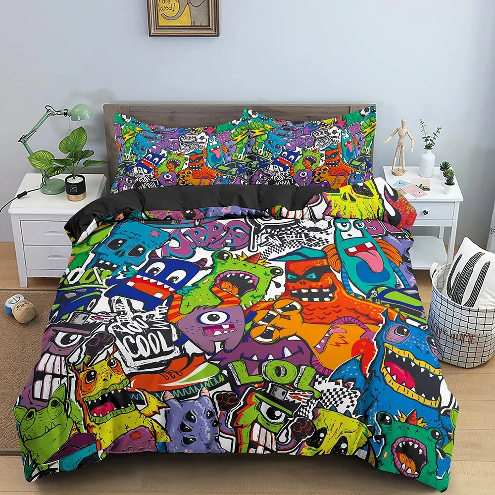 sets Graffiti Bedding Set Graphic Duvet Cover Teens Adult Hip Hop Hippie Comforter Cover Wall Urban Street Art Polyester Quilt Cover